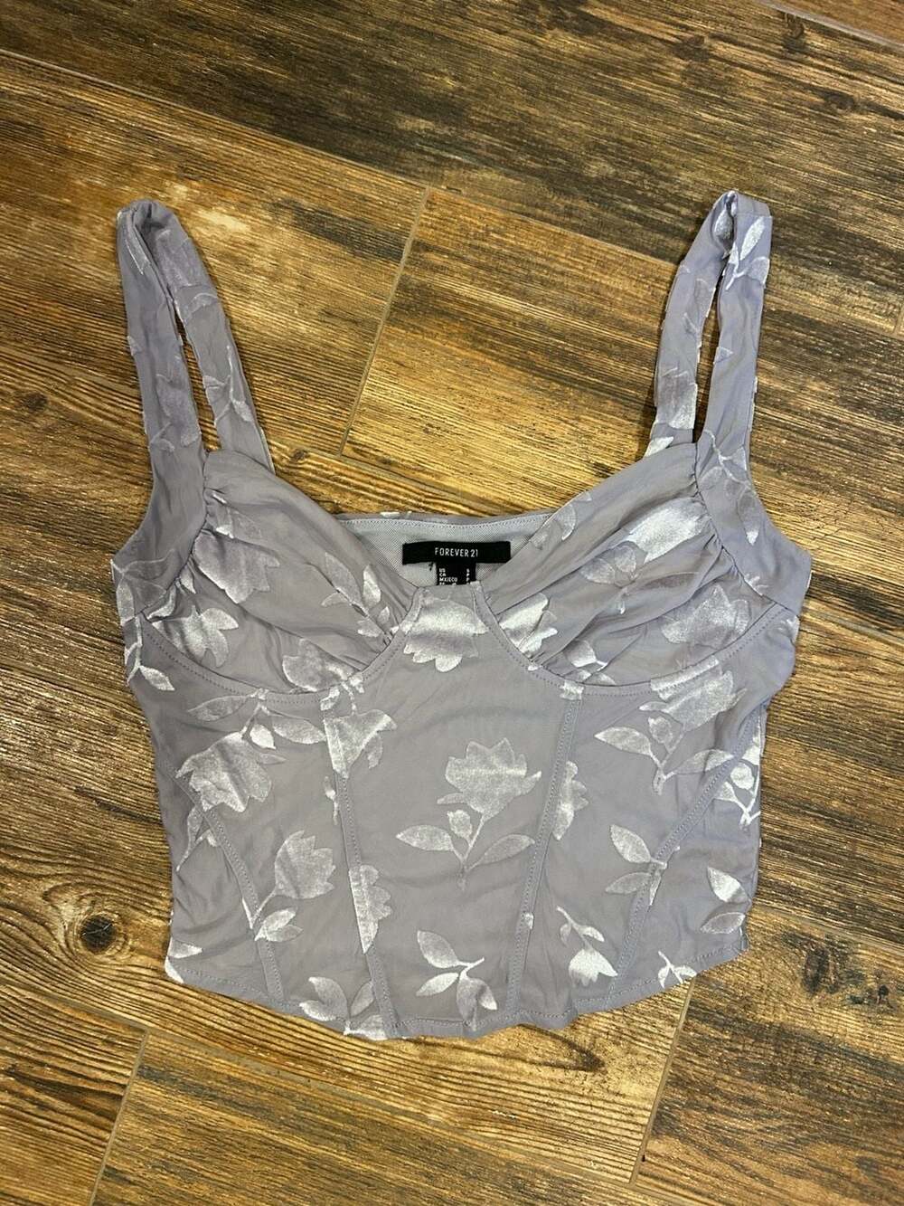 Forever 21 Corset Top Size S Gray Floral Velvet Bustier